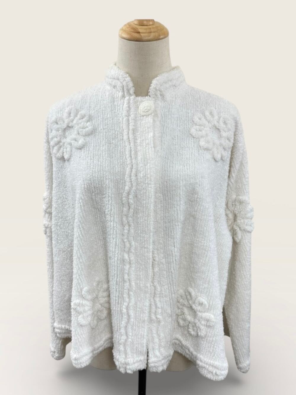 Vintage Stan Herman White Chenille Jacket w/ Floral Detail & Single Button